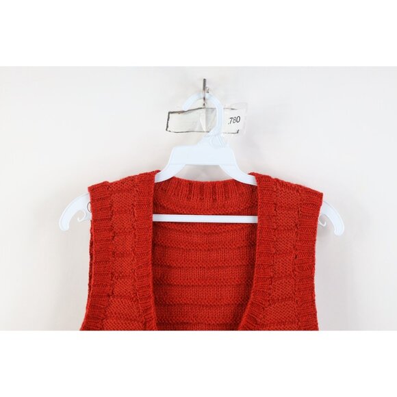Vintage 60s Streetwear Womens Small Hand Crochet Open Front Sweater Vest Red - Picture 2 of 10
